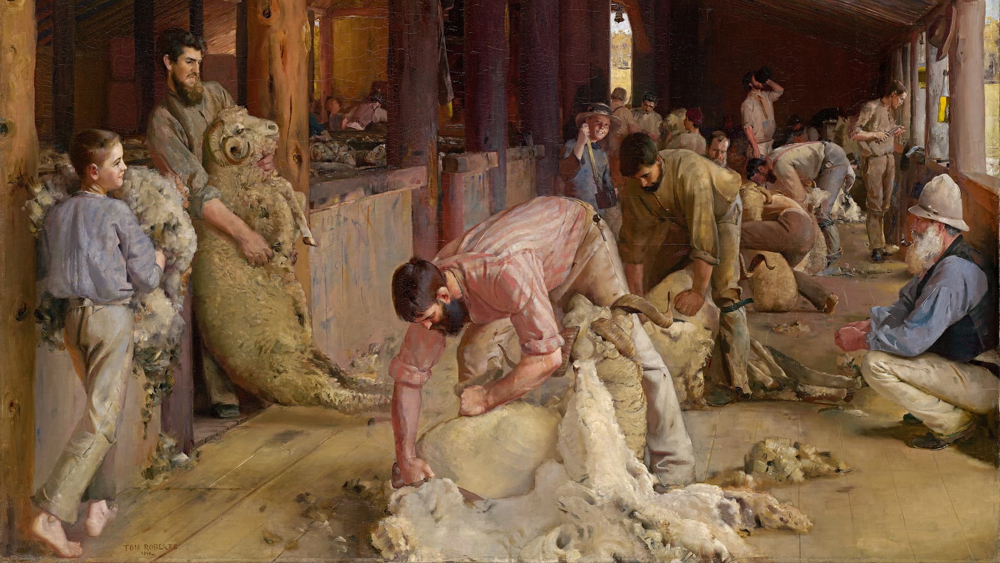 Shearing the rams (1890), oil on canvas on composition board by Tom Roberts.