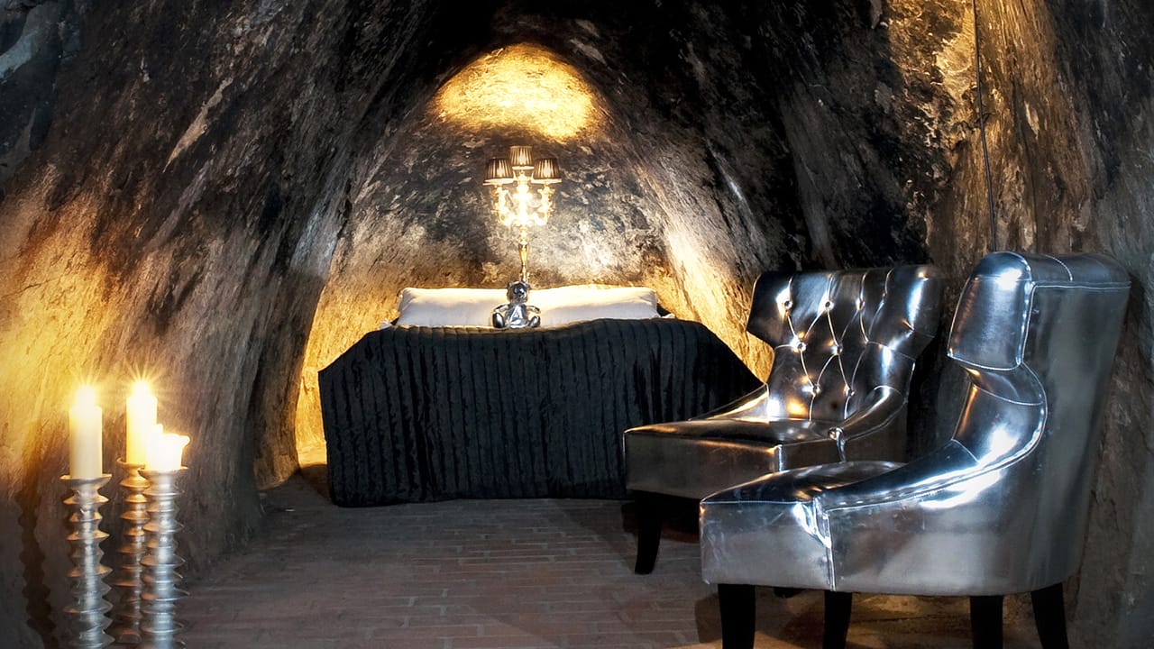 silver themed bedroom in a silver mine